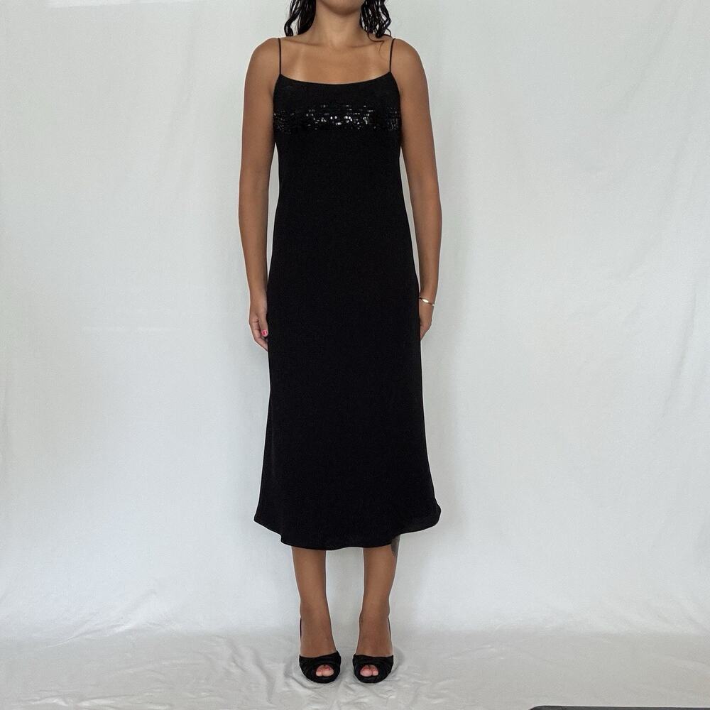 Vtg Jones New York Black Midi Evening Formal Cocktail Dress Beaded Empire Waist